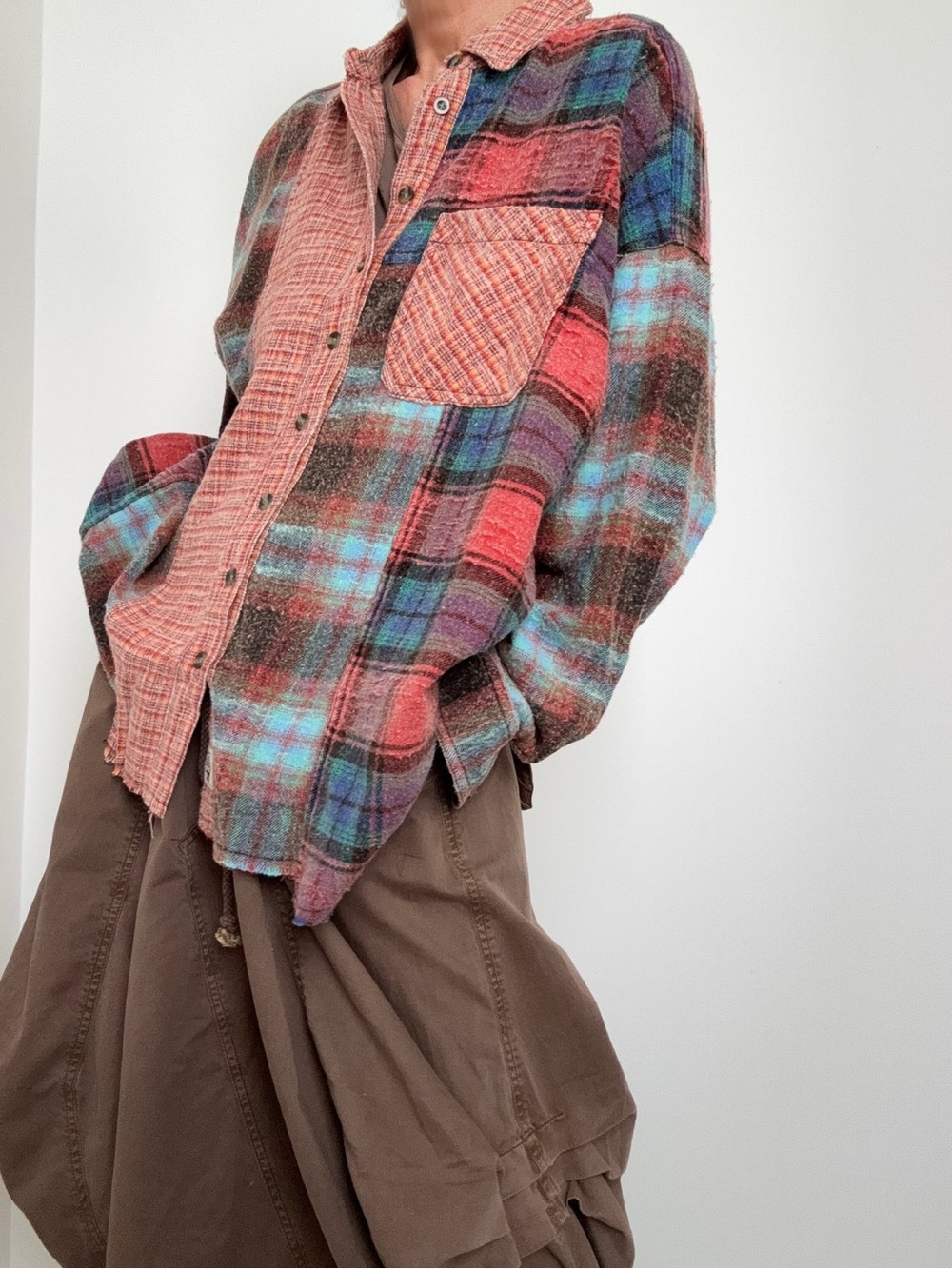 BDG Multi-Color Plaid Button-Down Shirt in Coral, Teal, Brown, Purple